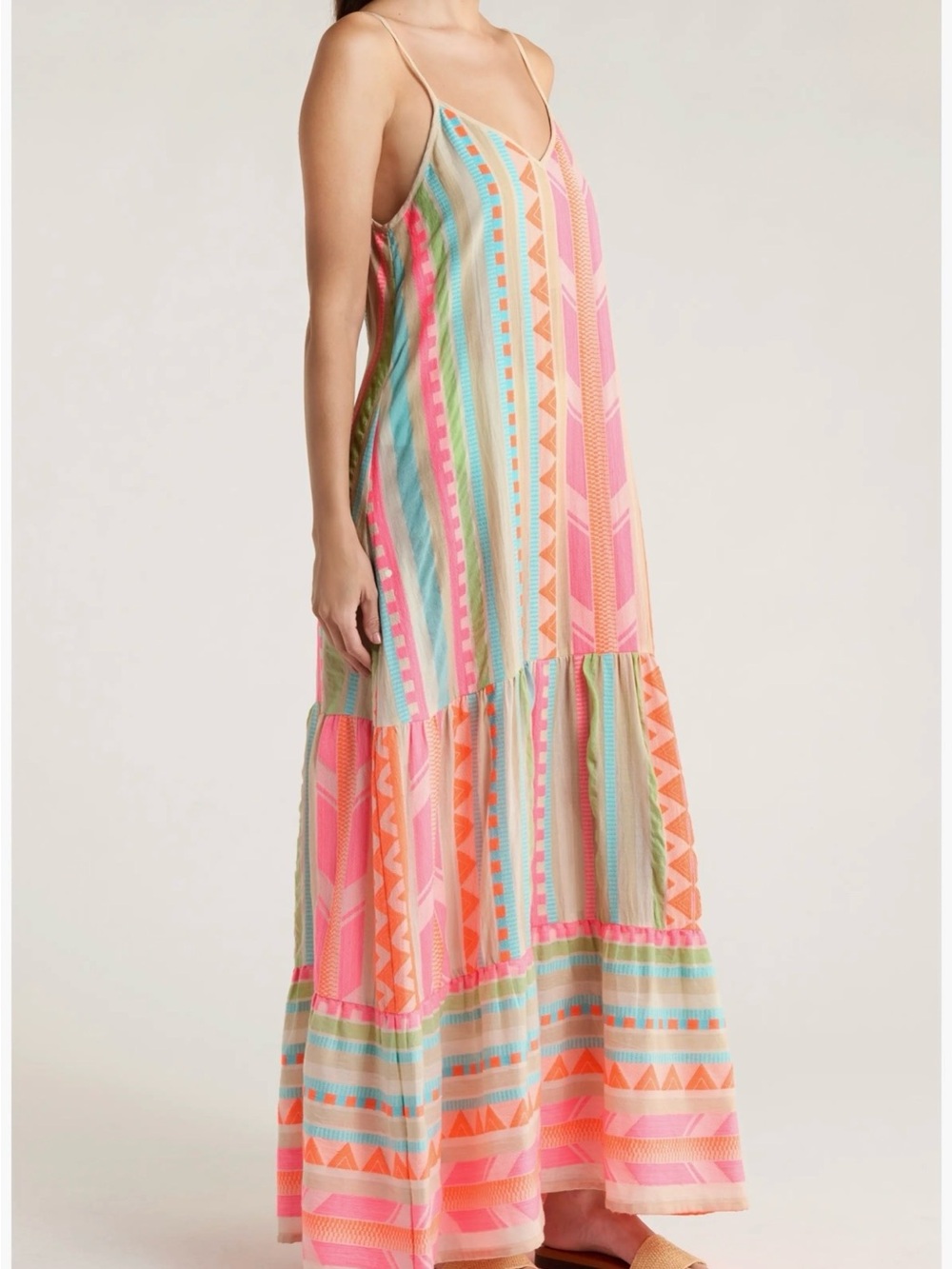 Elan Tulum Maxi Dress Womens L Neon Aztec Tiered Boho Resort Cotton Blend